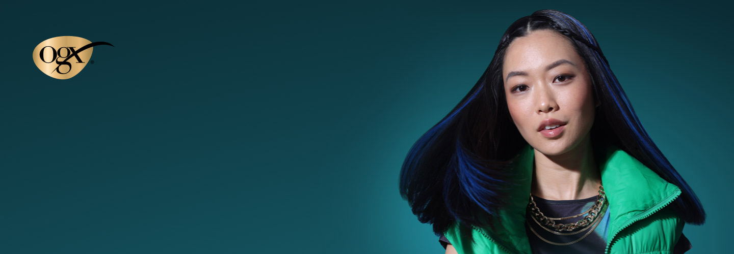 Banner including OGX Beauty logo and a young woman with long straight black hair with blue highlights.